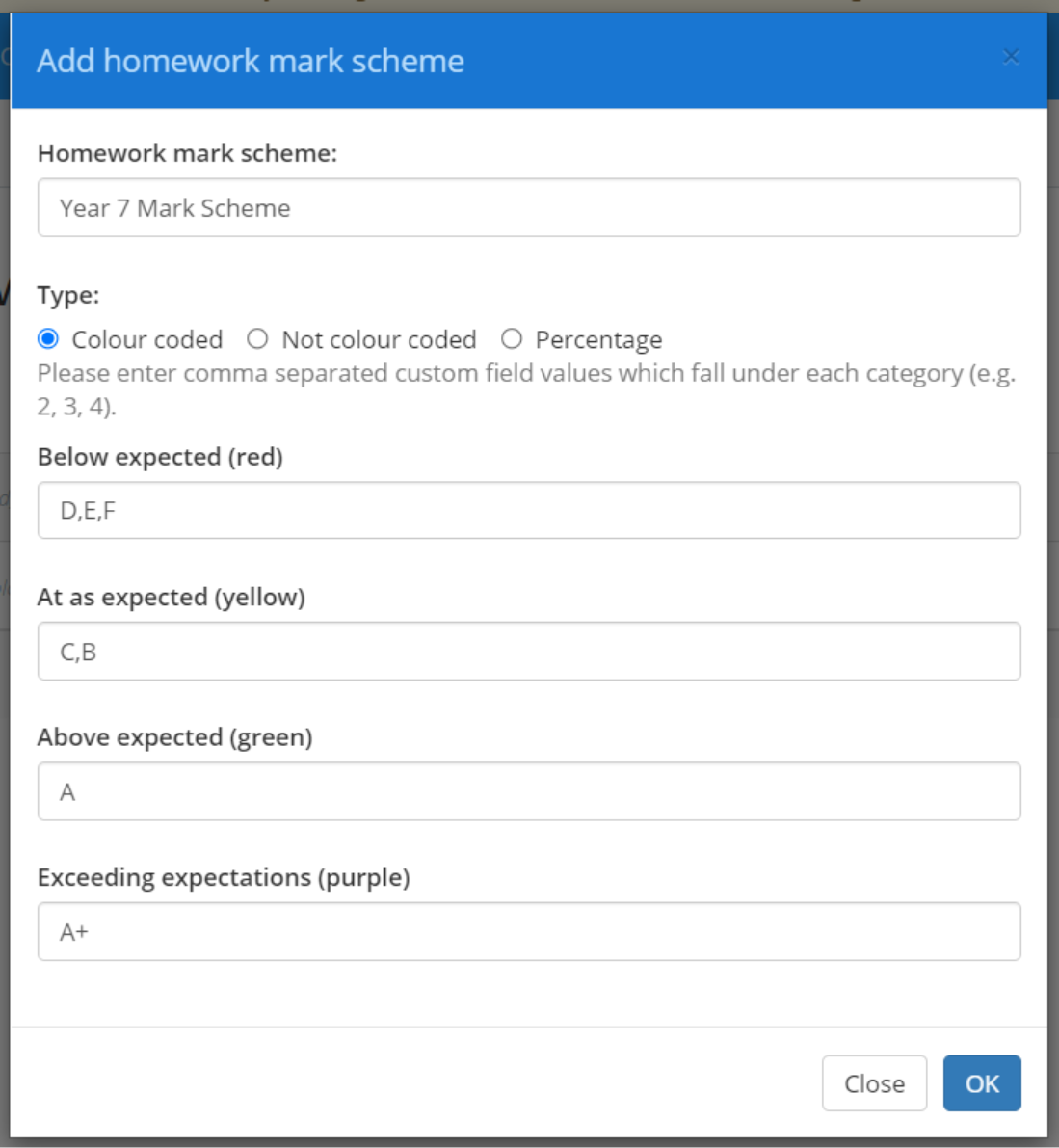 Class Charts mark scheme example