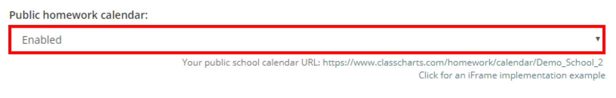 Class Charts public homework calendar dropdown