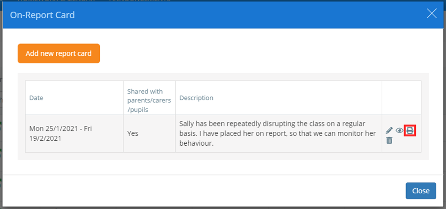 Class Charts on report print icon