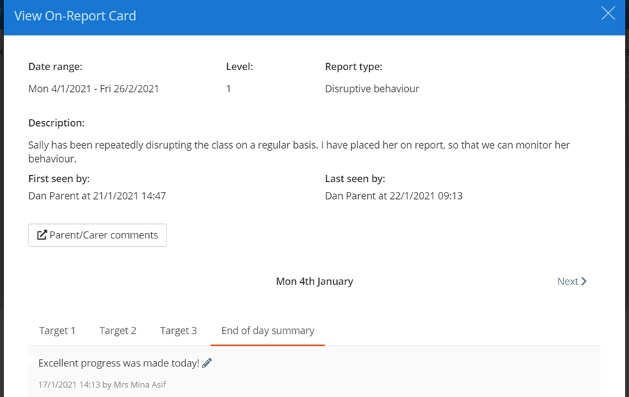 Class Charts end of day summary example