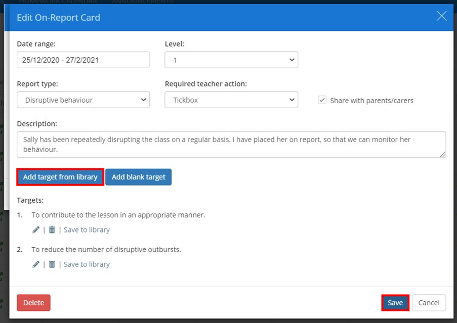 Class Charts add target from library button