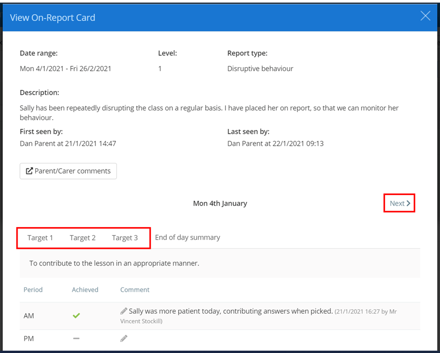 Class Charts view on report card targets
