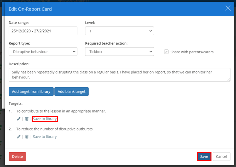 Class Charts on report save to library button