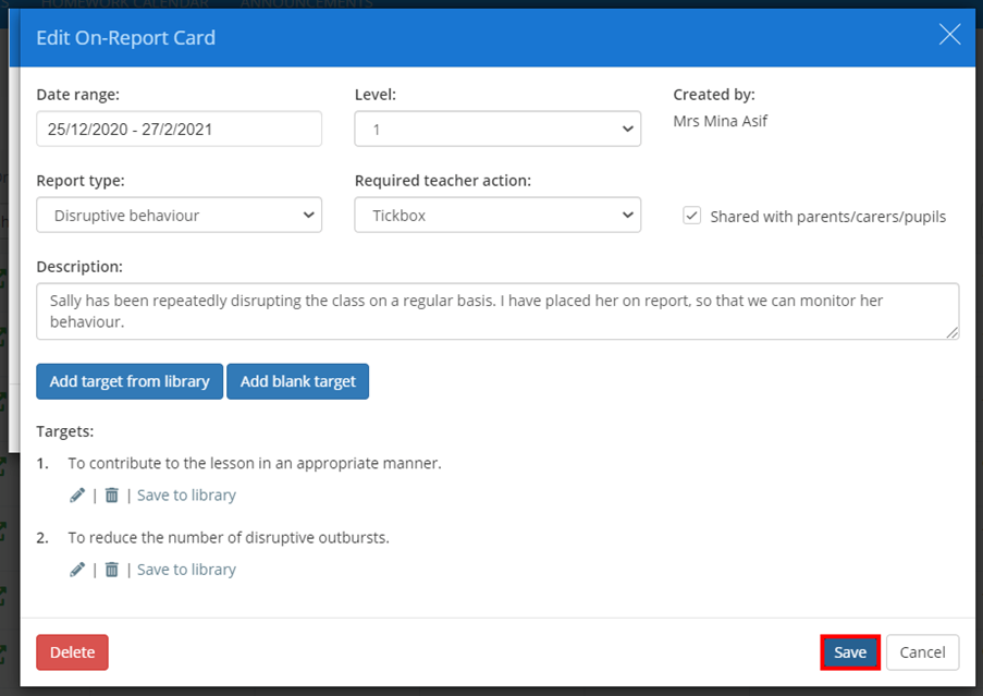 Class Charts edit on report card popup save