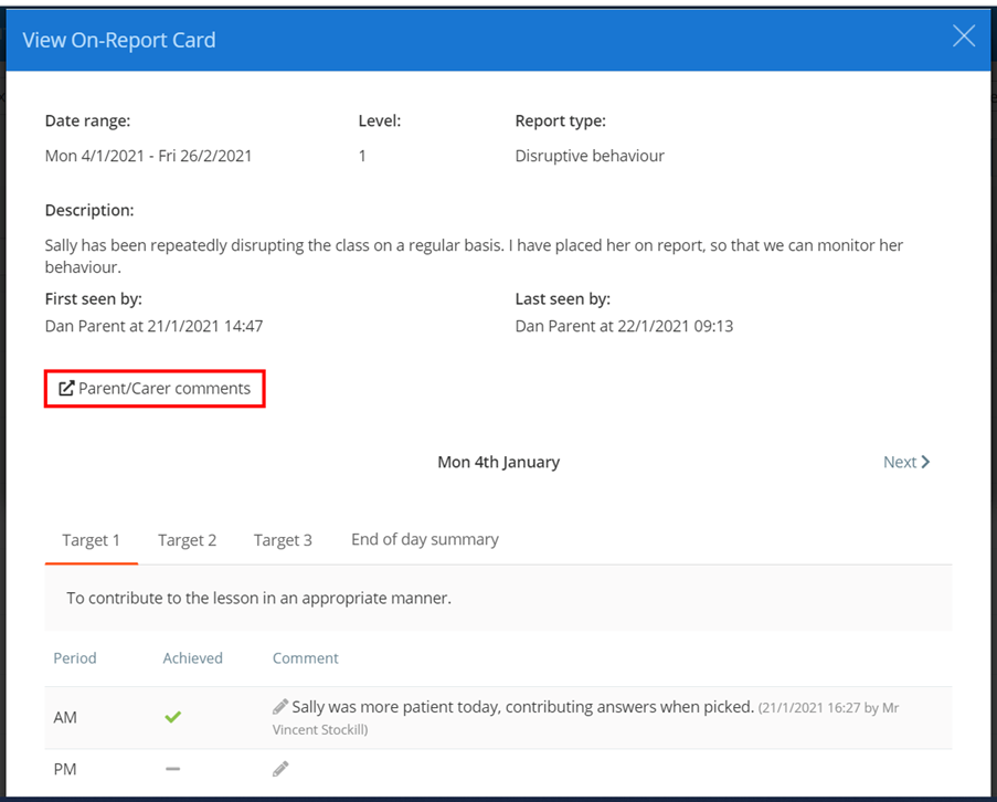 Class Charts view on report parental comments button