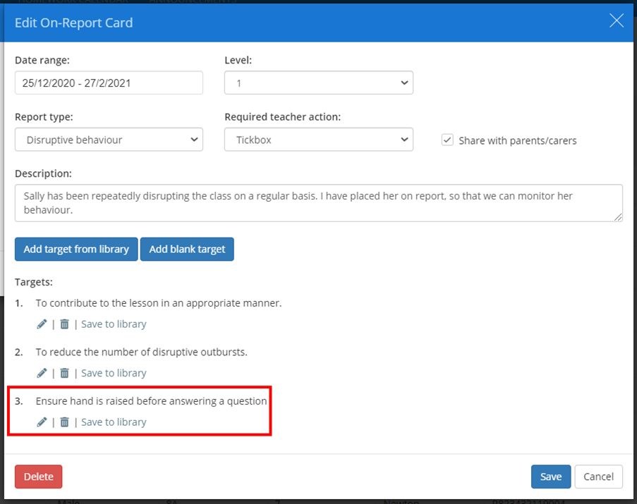 Class Charts added target from library