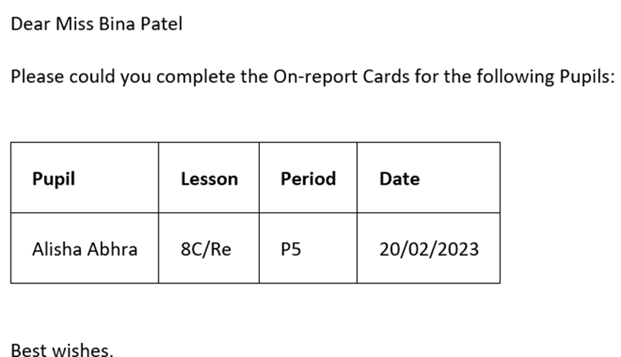 Class Charts email sent example