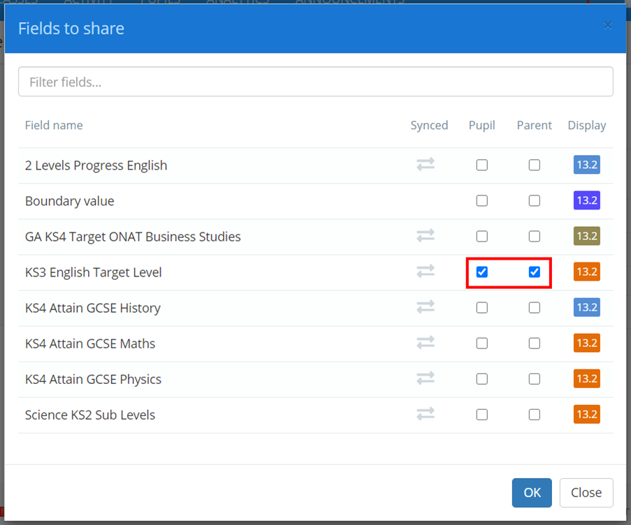 Class Charts fields to share popup
