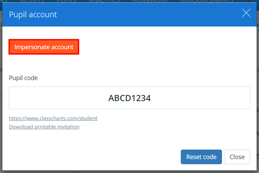 Class Charts impersonate account button