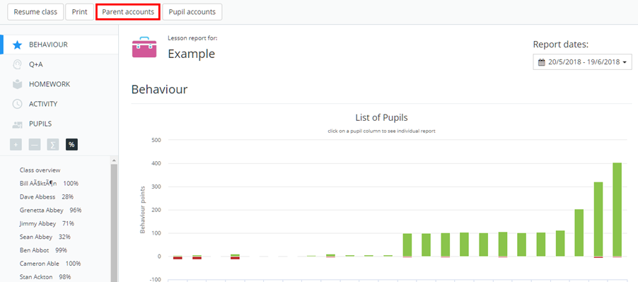 Class Charts class parents account button