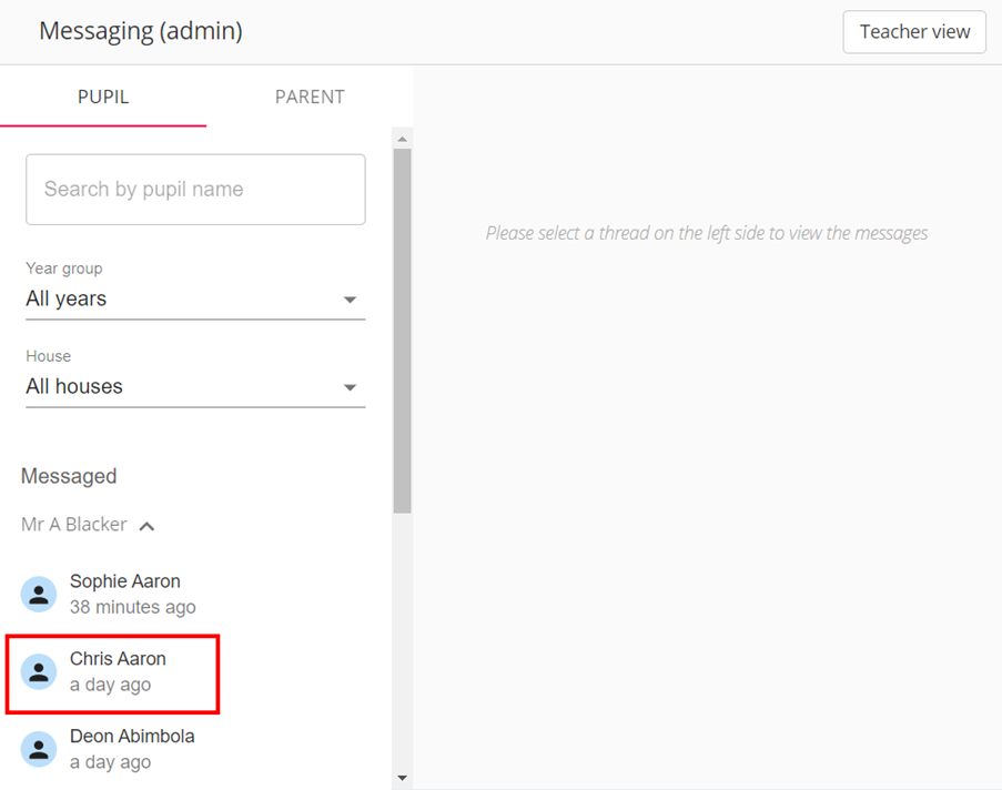 Class Charts messaging admin view pupil select