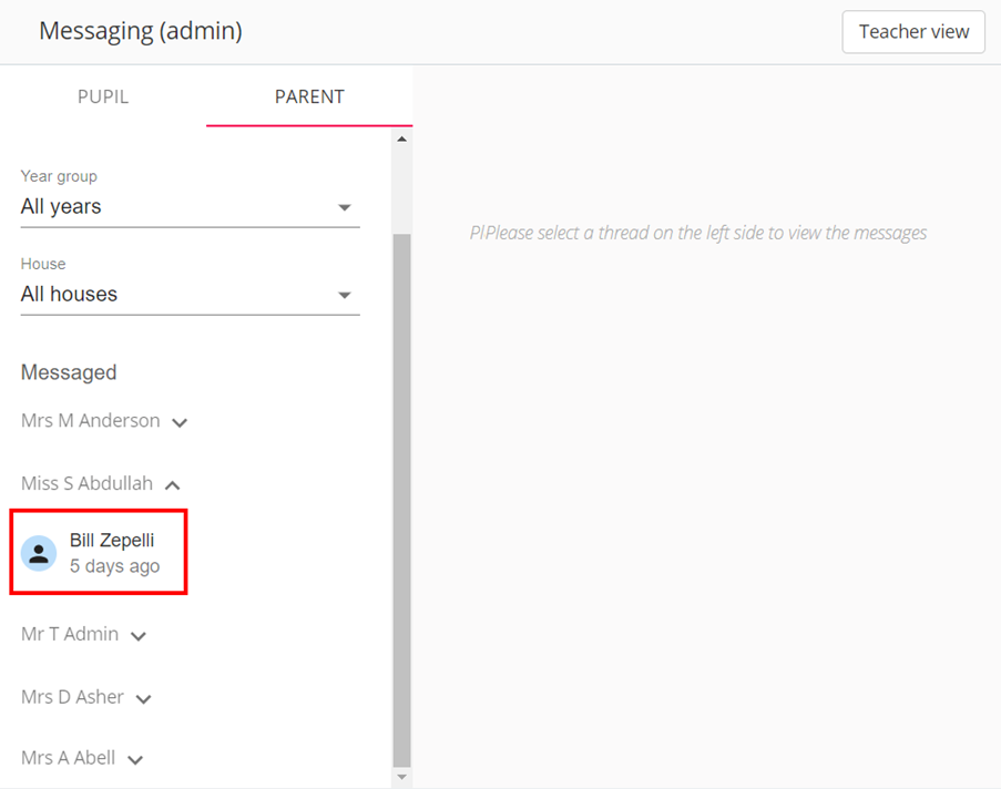 Class Charts messaging admin view parent select