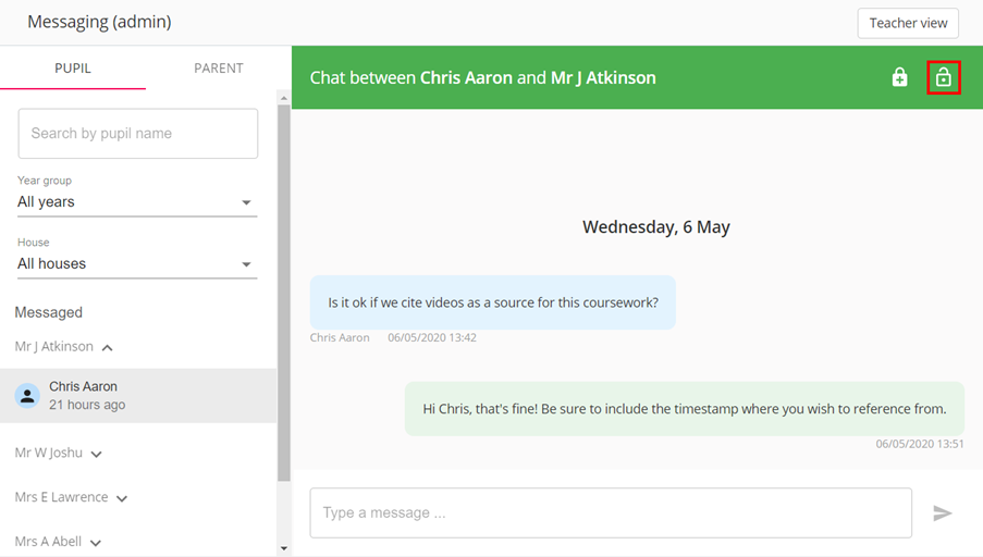 Class Charts admin lock thread
