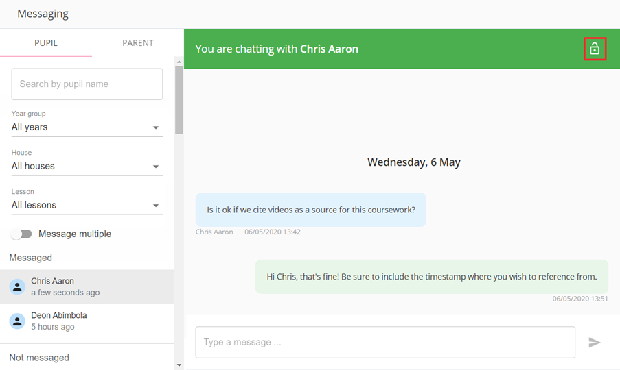Class Charts messaging lock icon