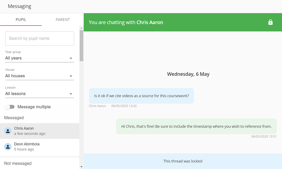 Class Charts messaging locked example