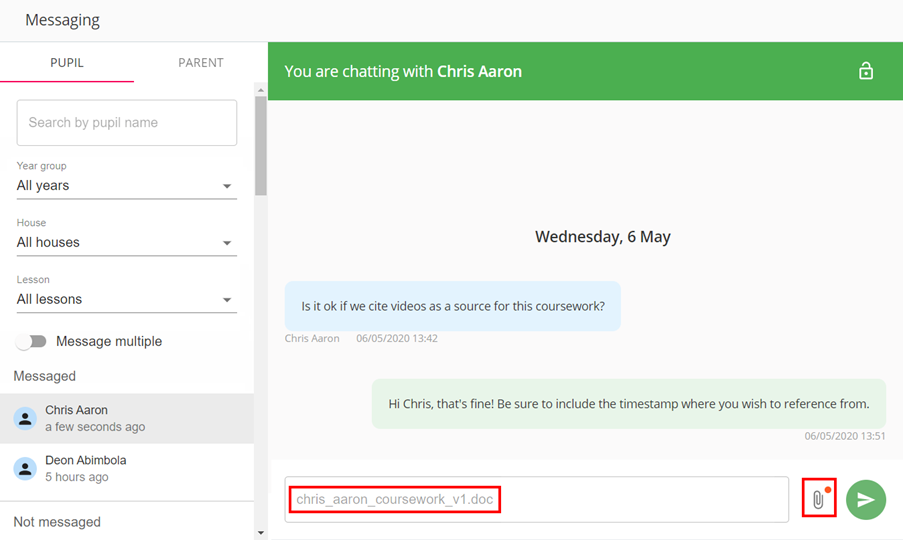 Class Charts messaging file uploaded