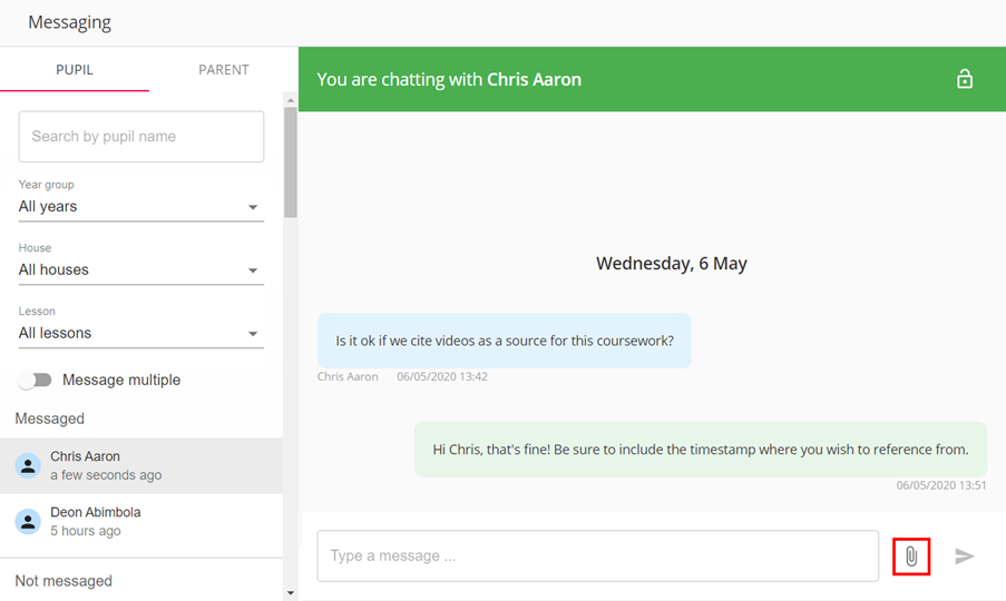 Class Charts messaging file upload button