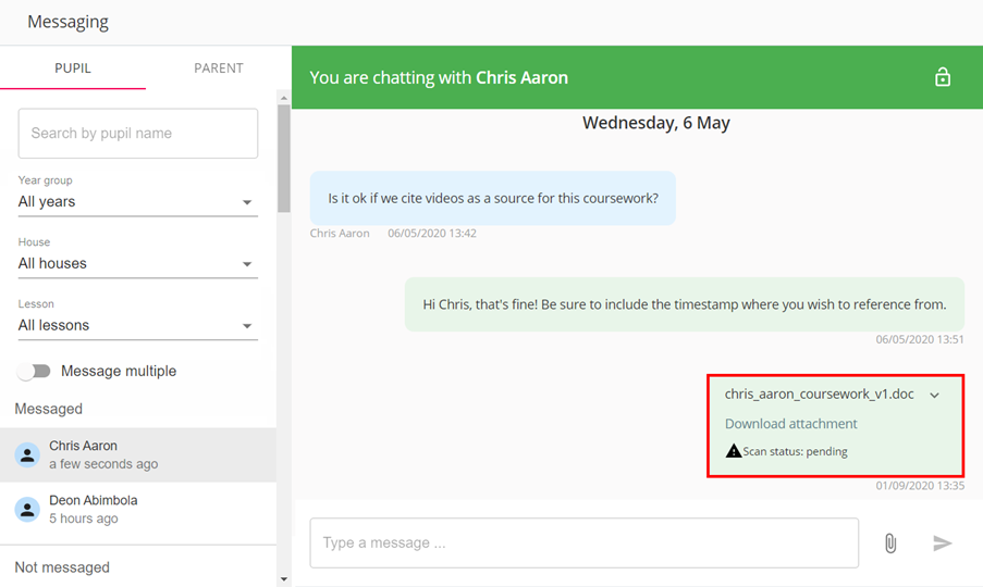 Class Charts messaging sent file