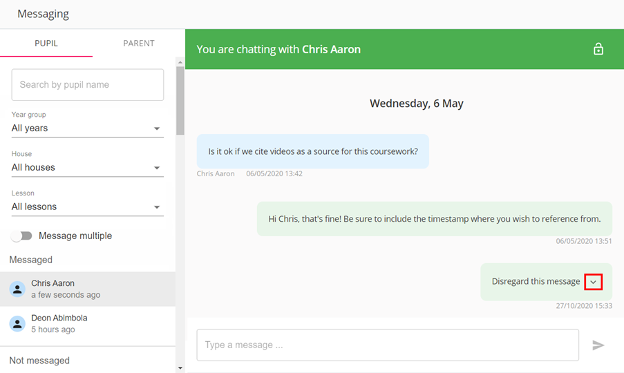 Class Charts messaging message to be deleted