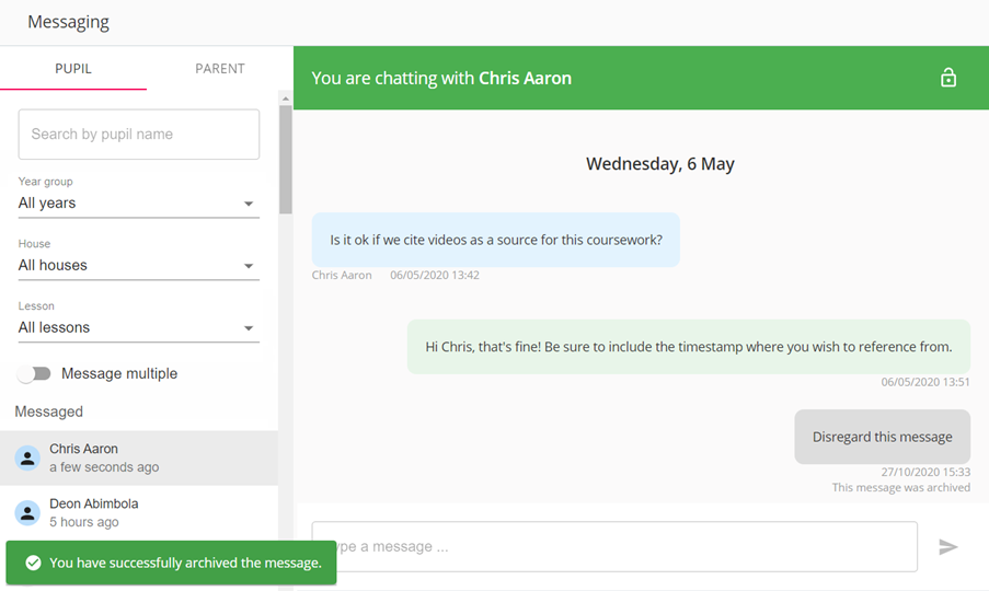Class Charts messaging archived message