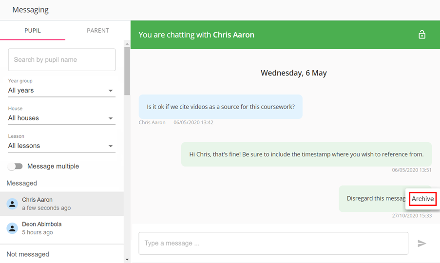 Class Charts messaging message archive button