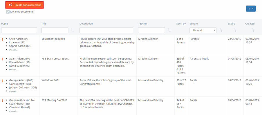 Class Charts create announcements button