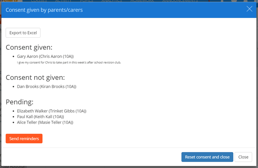 Class Charts consent given popup
