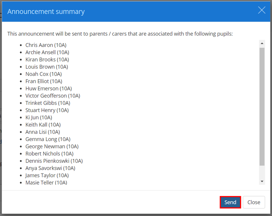 Class Charts parental announcement confirmation popup