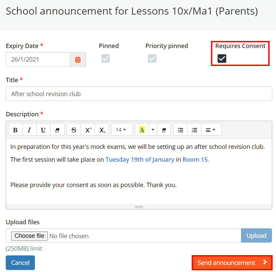 Class Charts announcement with consent required example