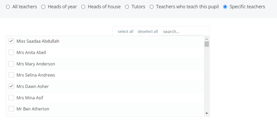 Class Charts specific teachers ticked
