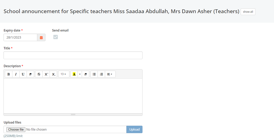 Class Charts enter the information for teacher announcement