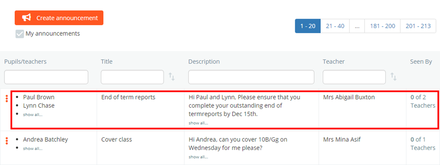 Class Charts teacher announcement in announcements list
