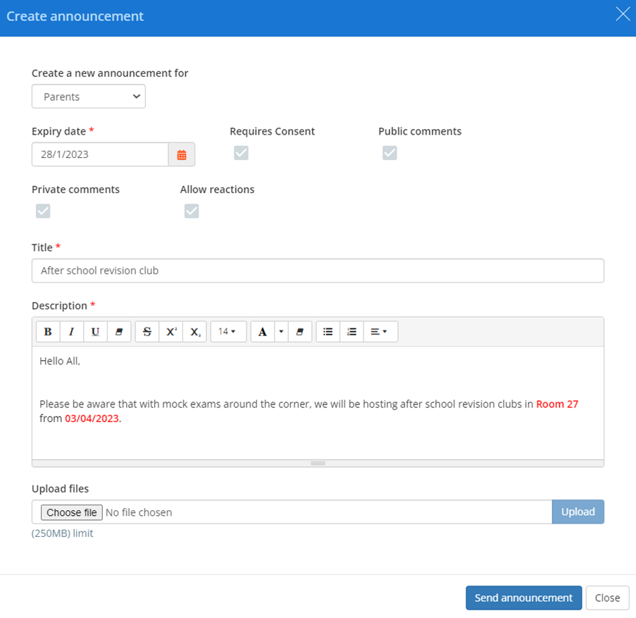 Class Charts exams announcement