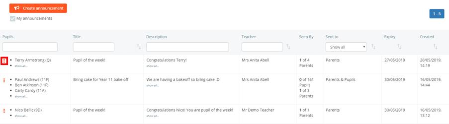 Class Charts announcement three dots menu