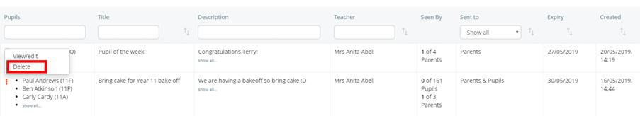 Class Charts delete announcement button