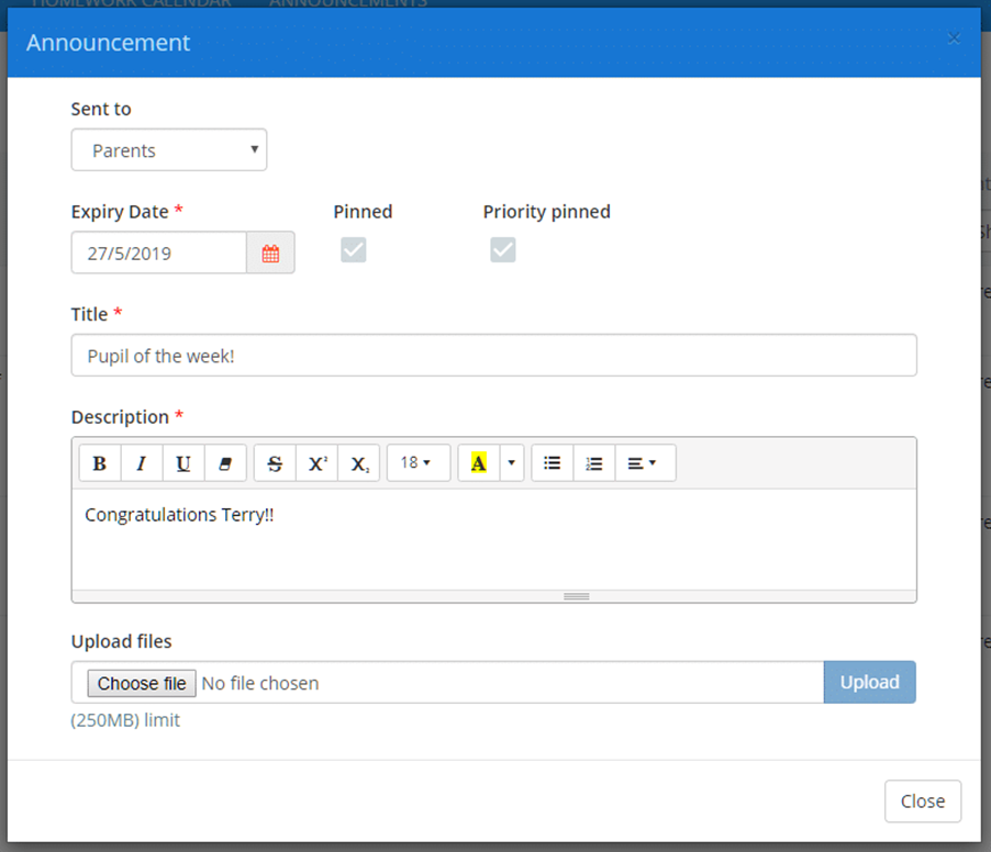 Class Charts edit announcements popup