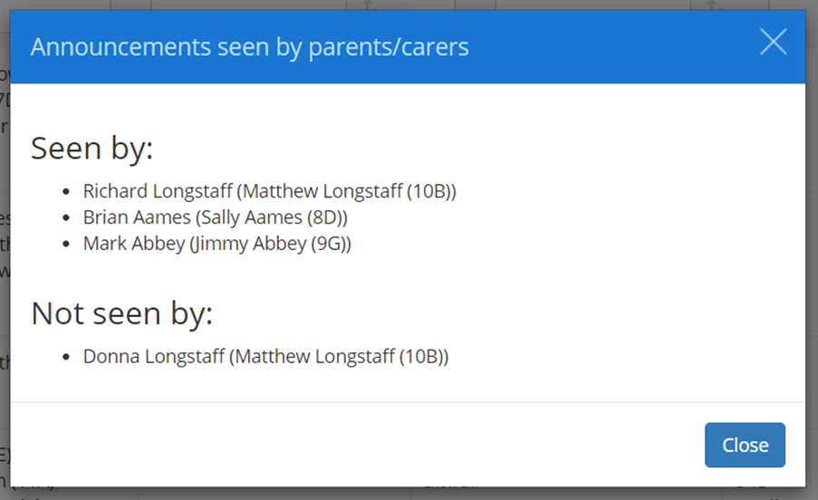 Class Charts announcements seen by popup