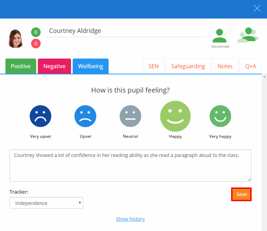 Class Charts save wellbeing submission