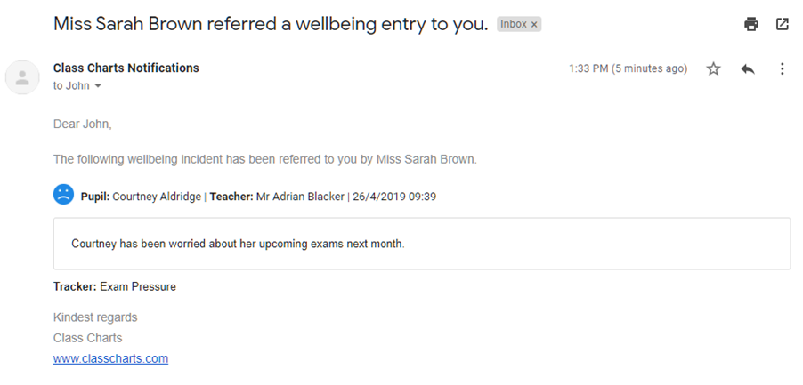 Class Charts referral wellbeing email