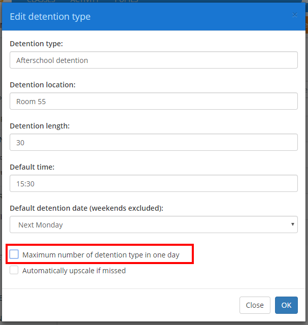 Class Charts maximum number of detention type in one day