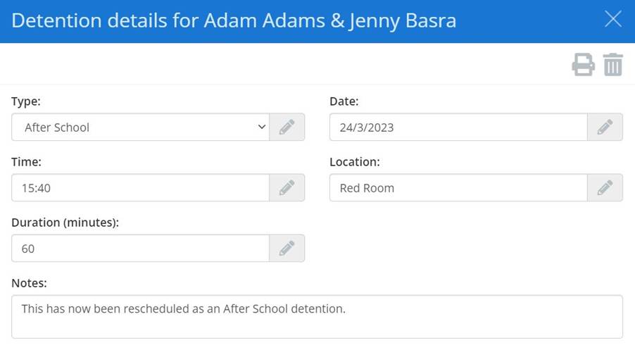Class Charts detention details for multiple pupils