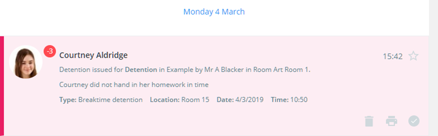 Class Charts issued detention in activity feed