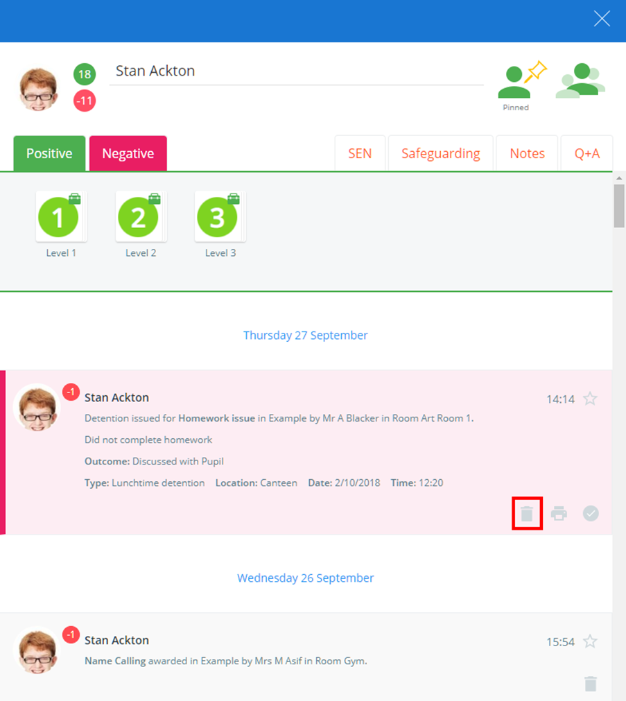 Class Charts delete from pupil sidebar