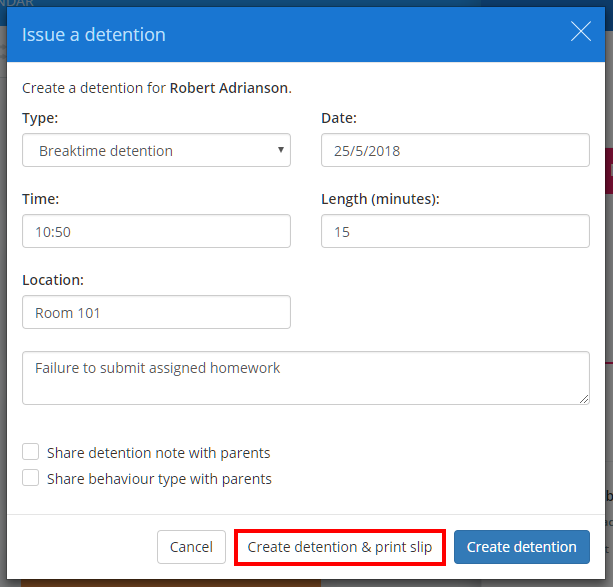 Class Charts create detention and print slip
