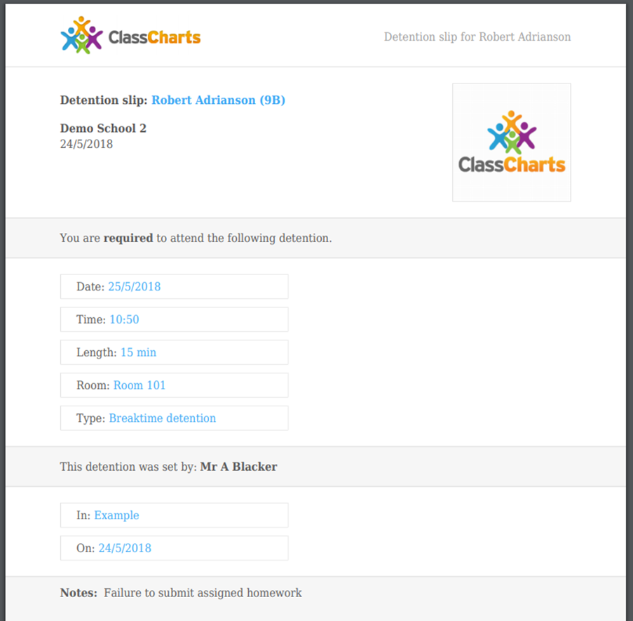 Class Charts example detention slip