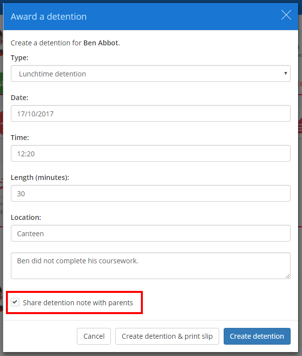 Class Charts share detention note with parents checkbox