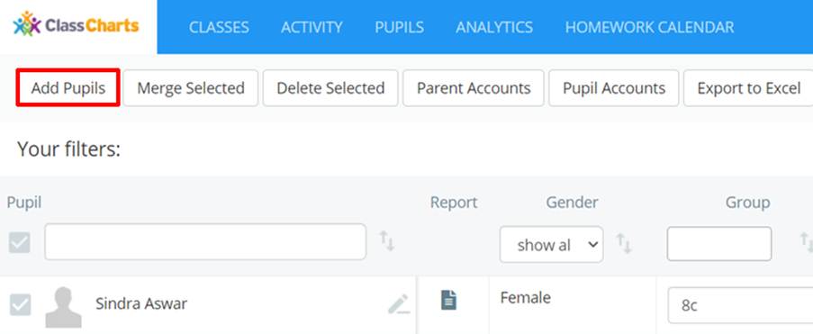 Class Charts add pupils button