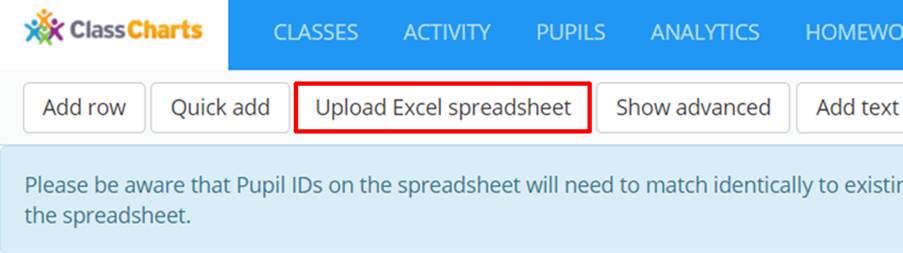 Class Charts upload excel spreadsheet button