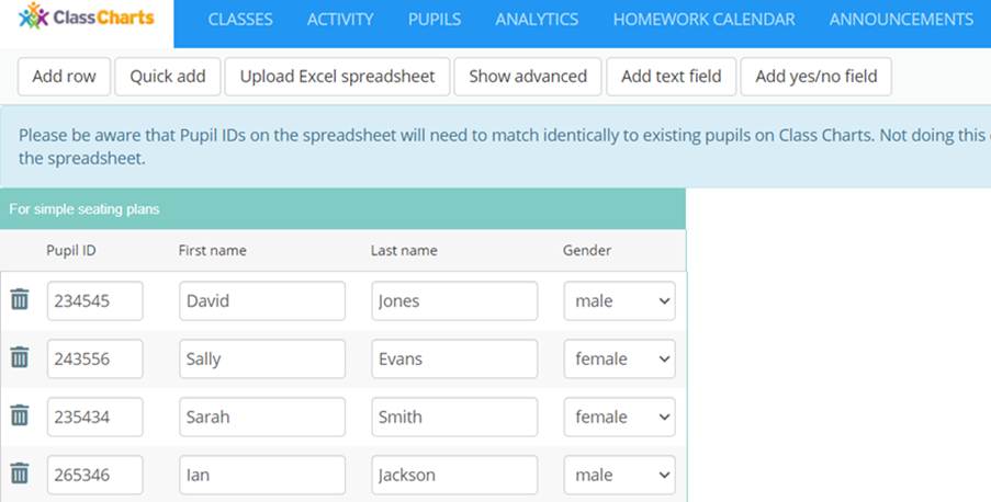 Class Charts example spreadsheet import data
