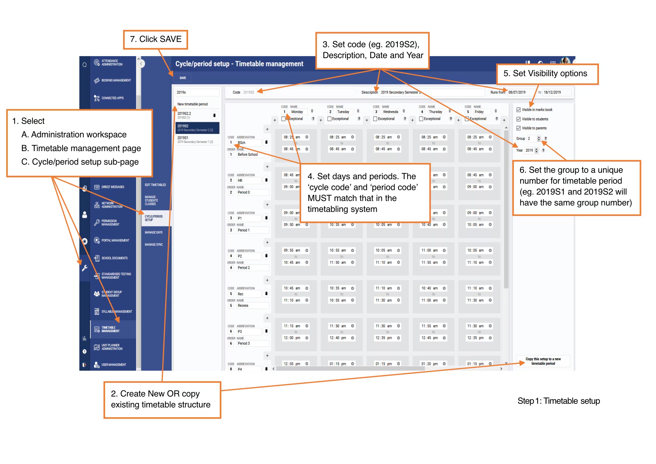 Timetable setup screenshot with annotations